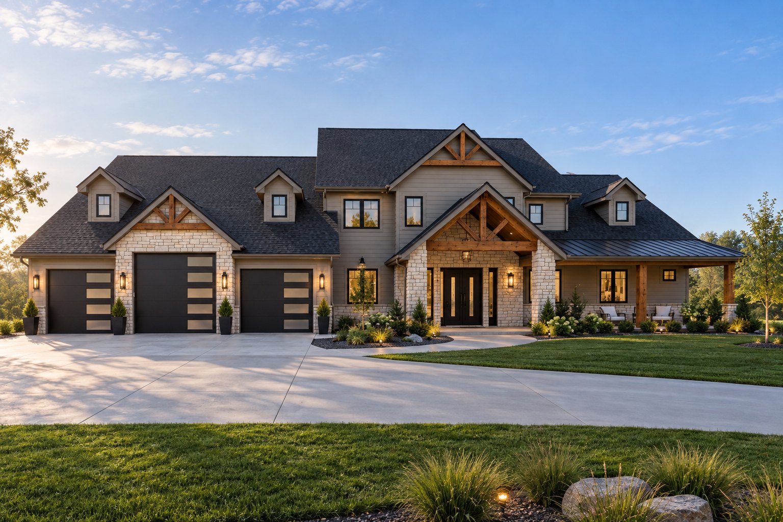 Modern farmhouse with stone, timber gables, black windows and a three-car garage