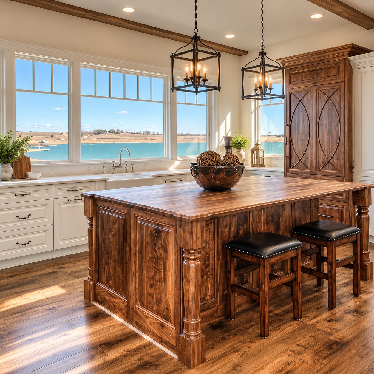 Kitchen with a walnut island, farmhouse sink and a view over the lake