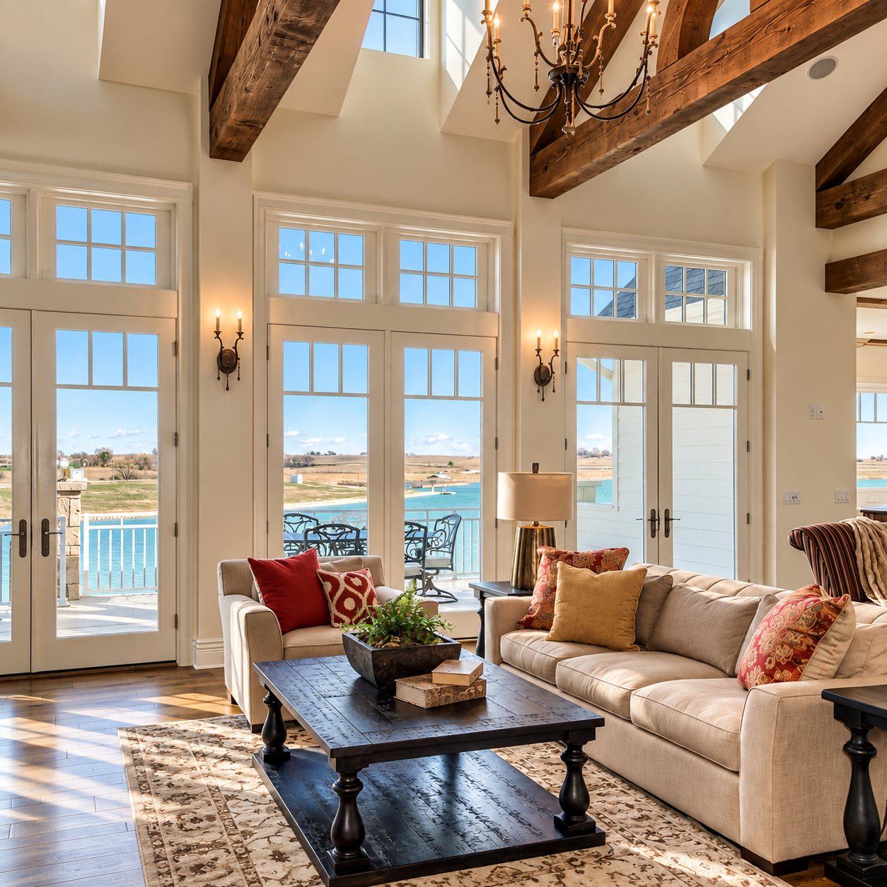 Great room windows and French doors opening to the lakeside deck