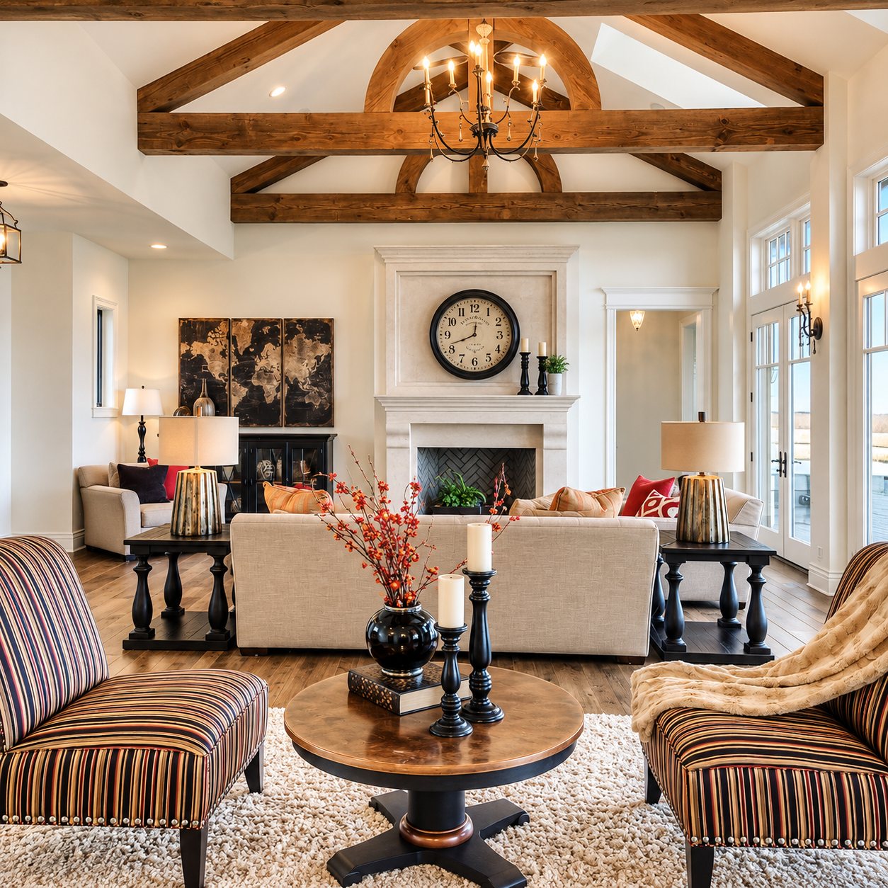 Great room with timber beams, limestone fireplace and lake light