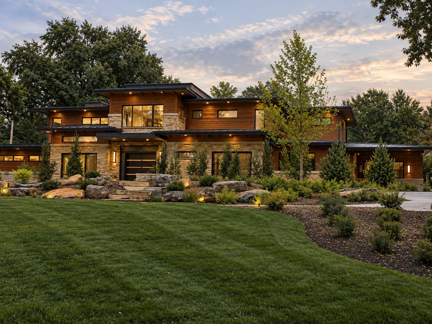 Prairie modern home with long rooflines, stone and wood, lit at dusk