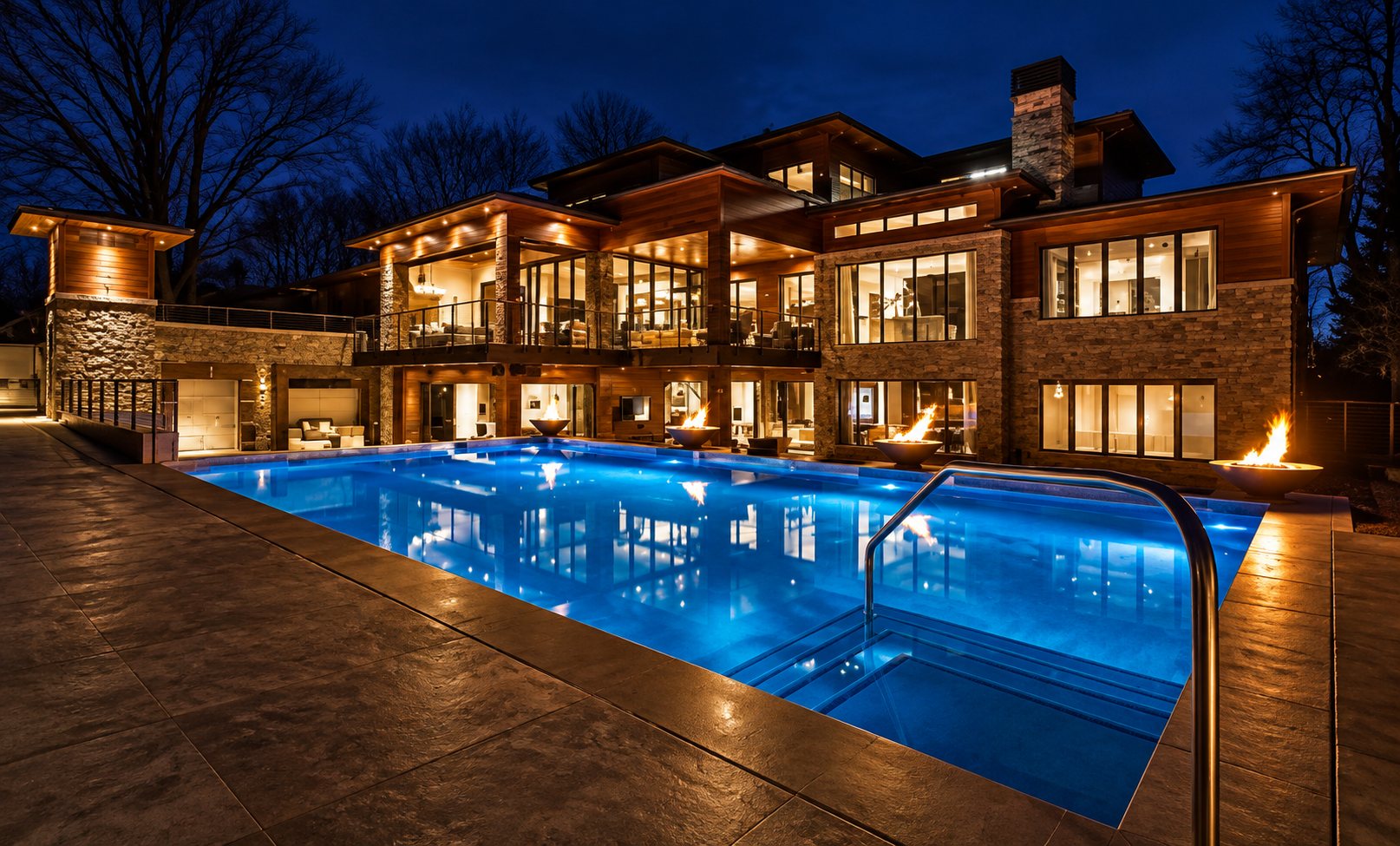 Prairie modern home at dusk with warm interior lighting