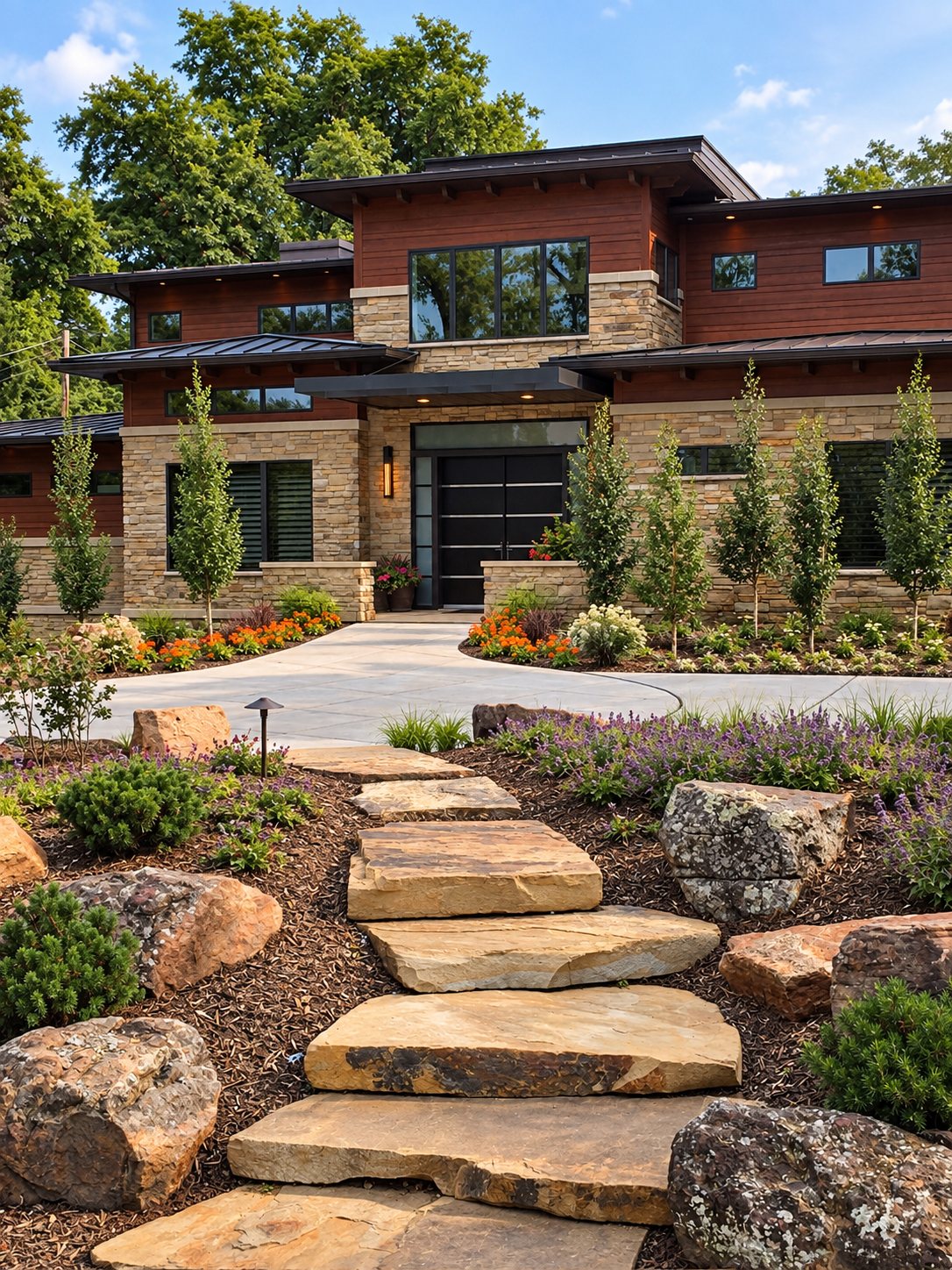 Entry with stone steps through the landscaping