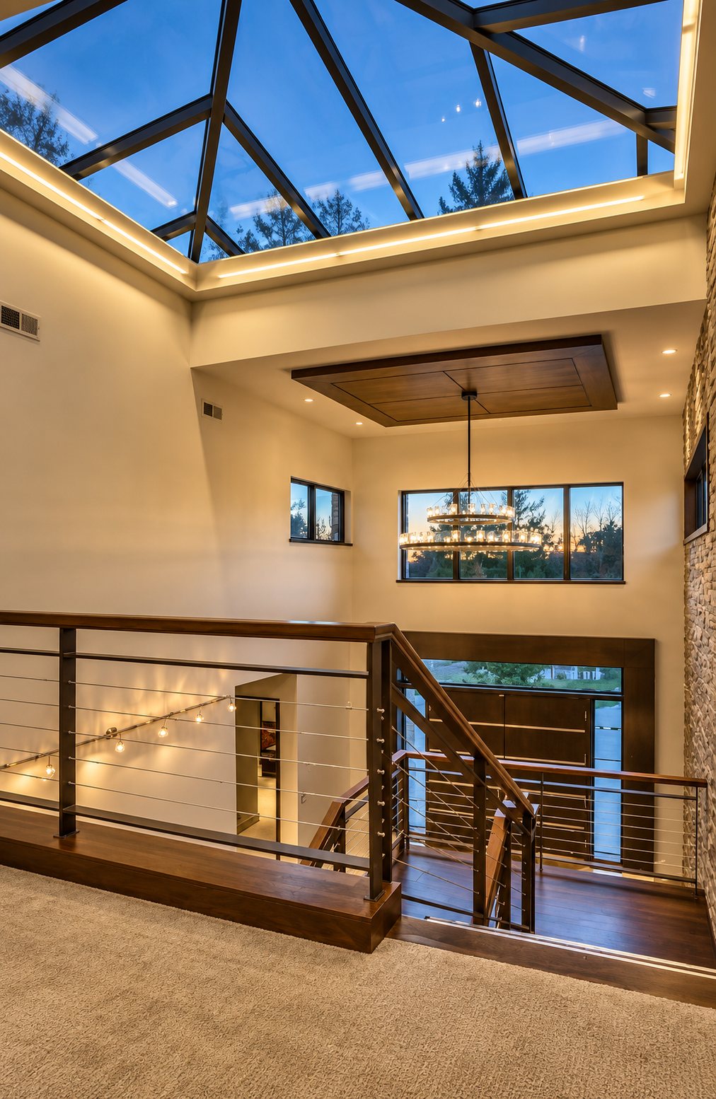 Stair landing under a large skylight