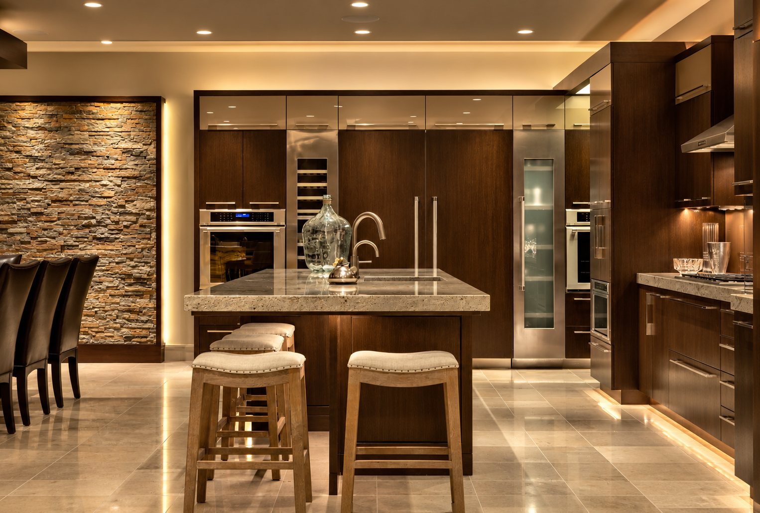 Kitchen in dark walnut with stone island and stacked-stone wall