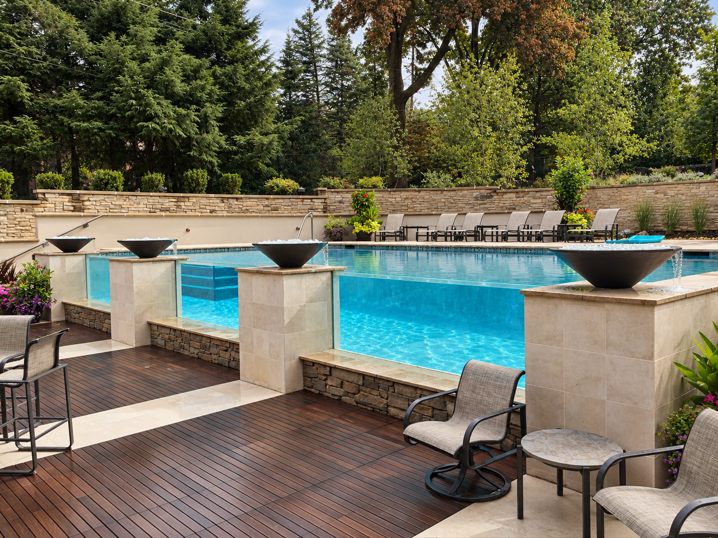 Pool deck with fire bowls and lounge seating