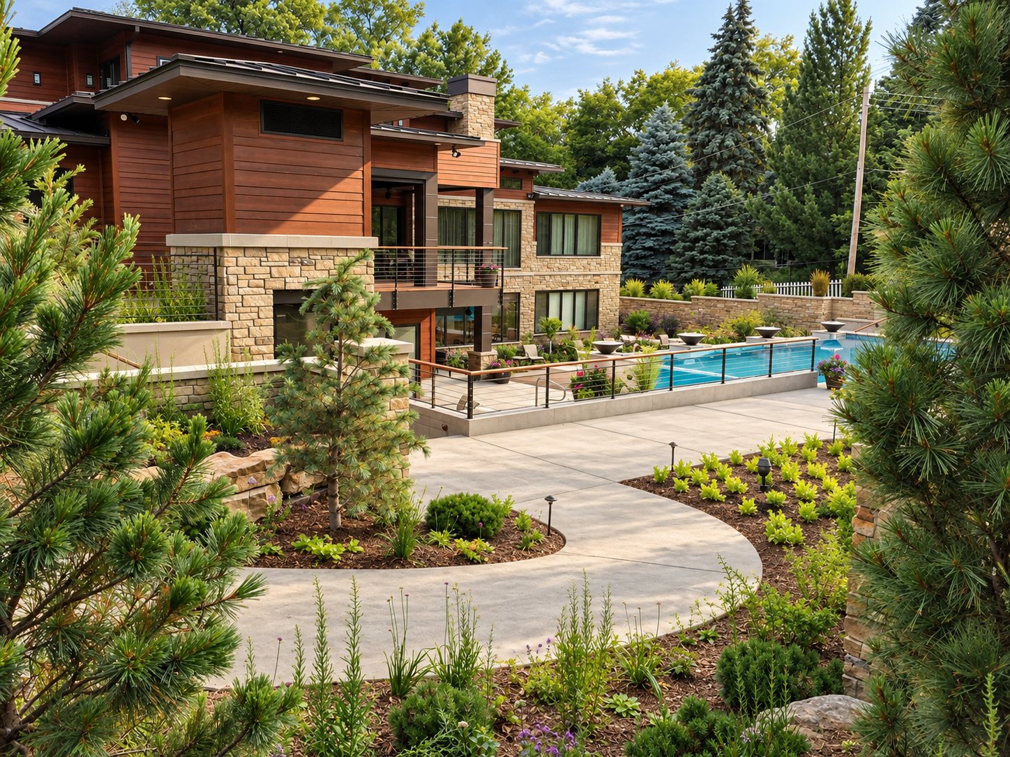 Rear terraces and pool seen from the garden