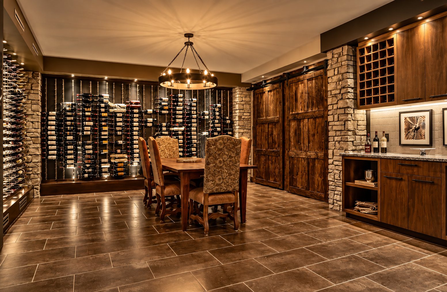 Wine cellar with a dining table and glass wine wall